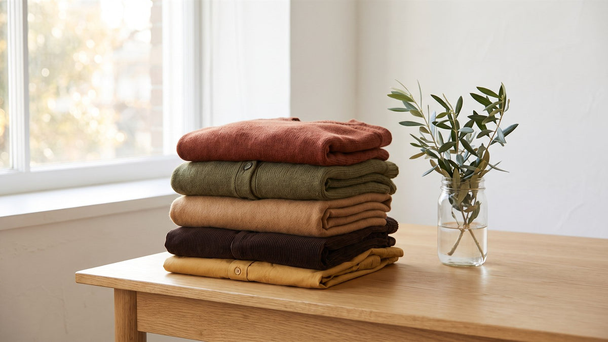 Folded rust, olive, camel, brown and mustard sweaters on a wooden table by a window