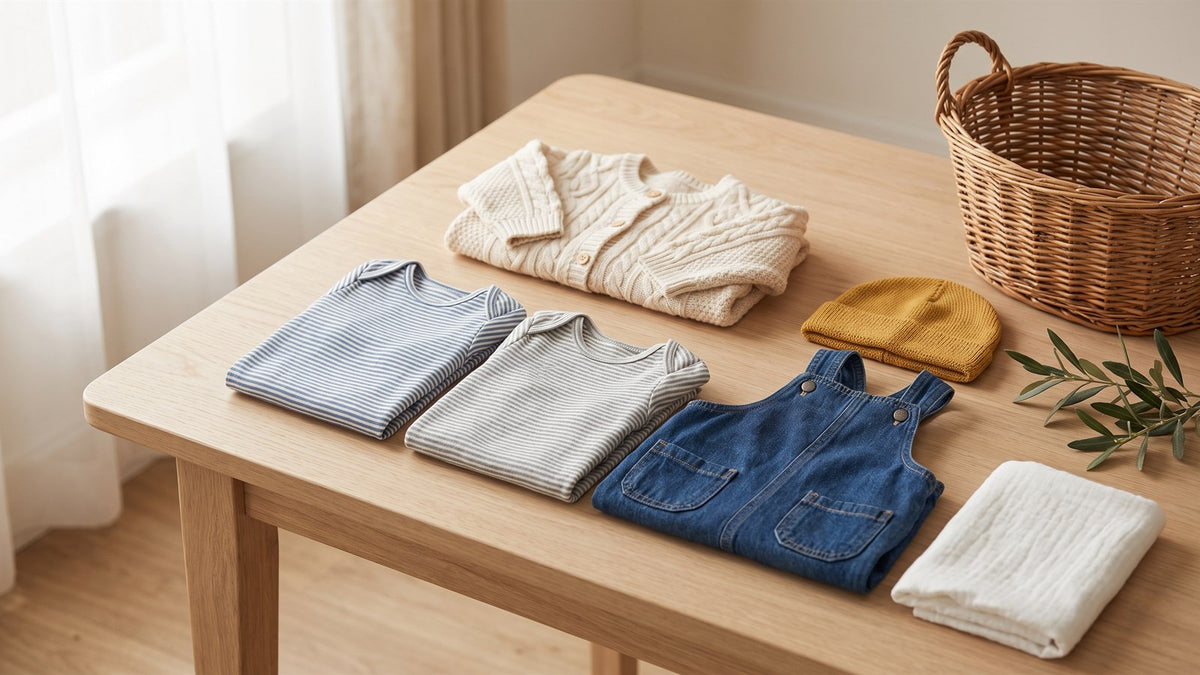 Folded baby clothes, a knit cardigan and denim overalls on a sunlit wooden table