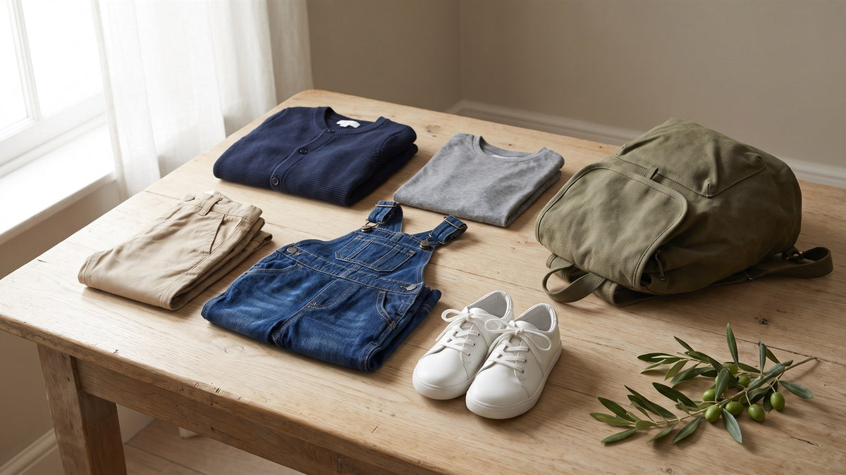 Folded second-hand children's clothes, white shoes and a canvas backpack on a wooden table