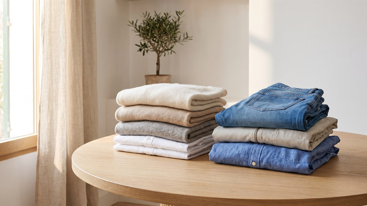 Two stacks of folded knitwear and denim on a sunlit wooden table