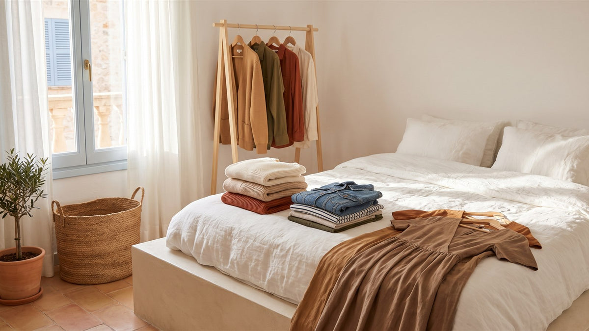Folded sweaters, a denim jacket and a dress on a bed beside a clothing rail