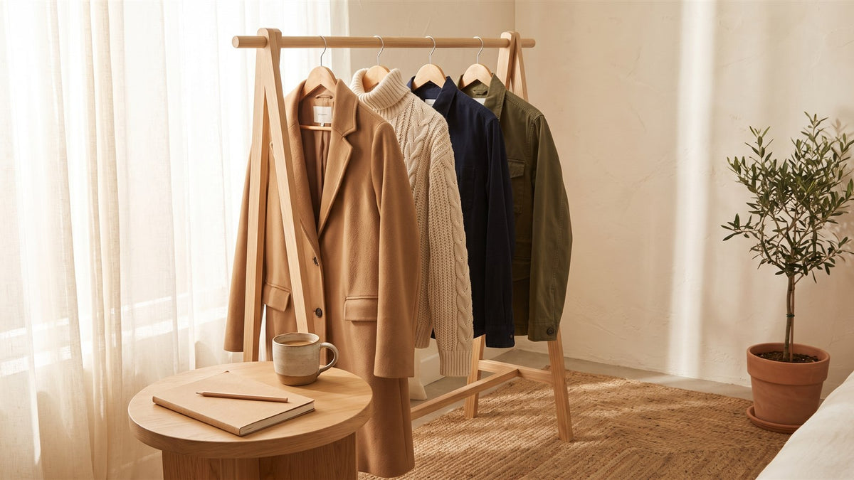 Wooden clothing rail with a camel coat, cream sweater and jackets beside a coffee cup