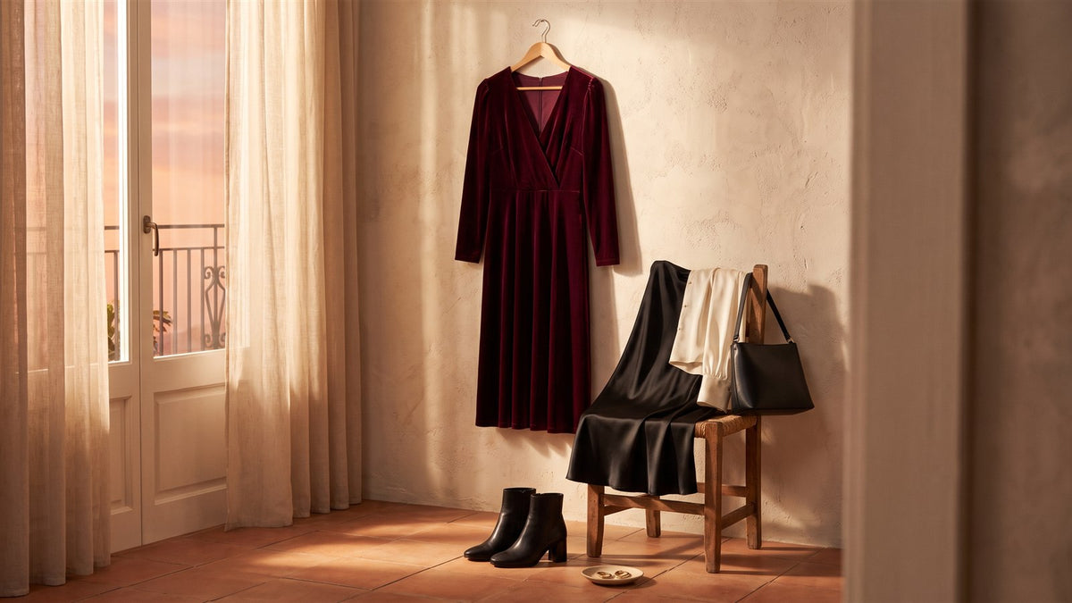 Burgundy velvet dress on a hanger beside a chair with a satin skirt and handbag