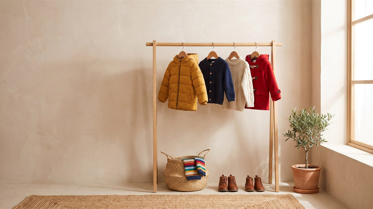 Children's winter coats and knits on a wooden rail beside small leather boots