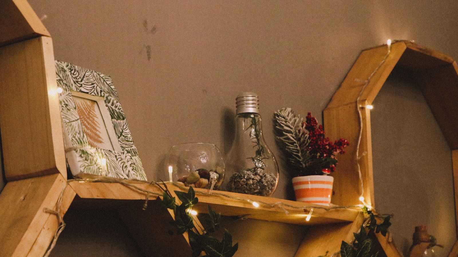 A cozy wooden shelf decorated with plants, string lights and framed art