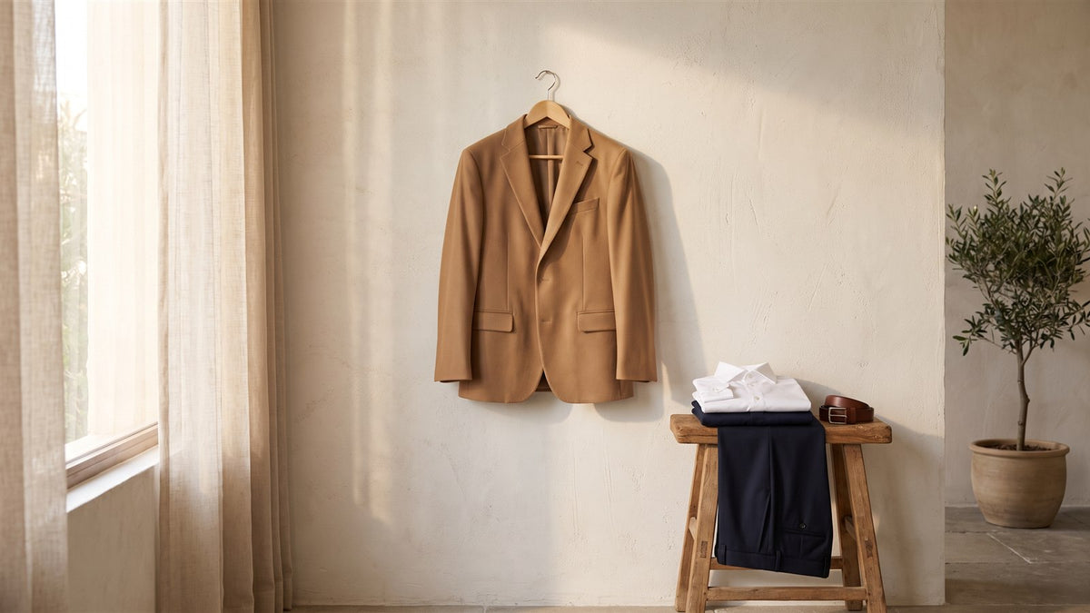 Camel wool blazer on a wooden hanger beside a folded white shirt and navy trousers
