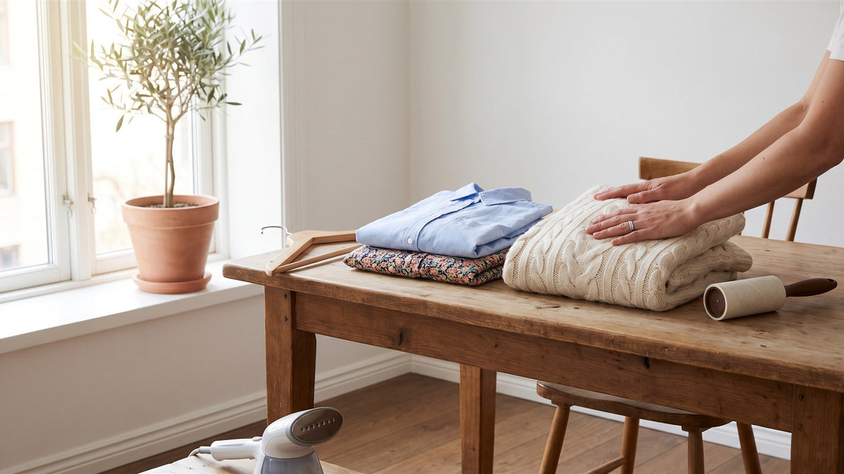 Hands smoothing a folded cream sweater beside a blue shirt and floral dress on a wooden table