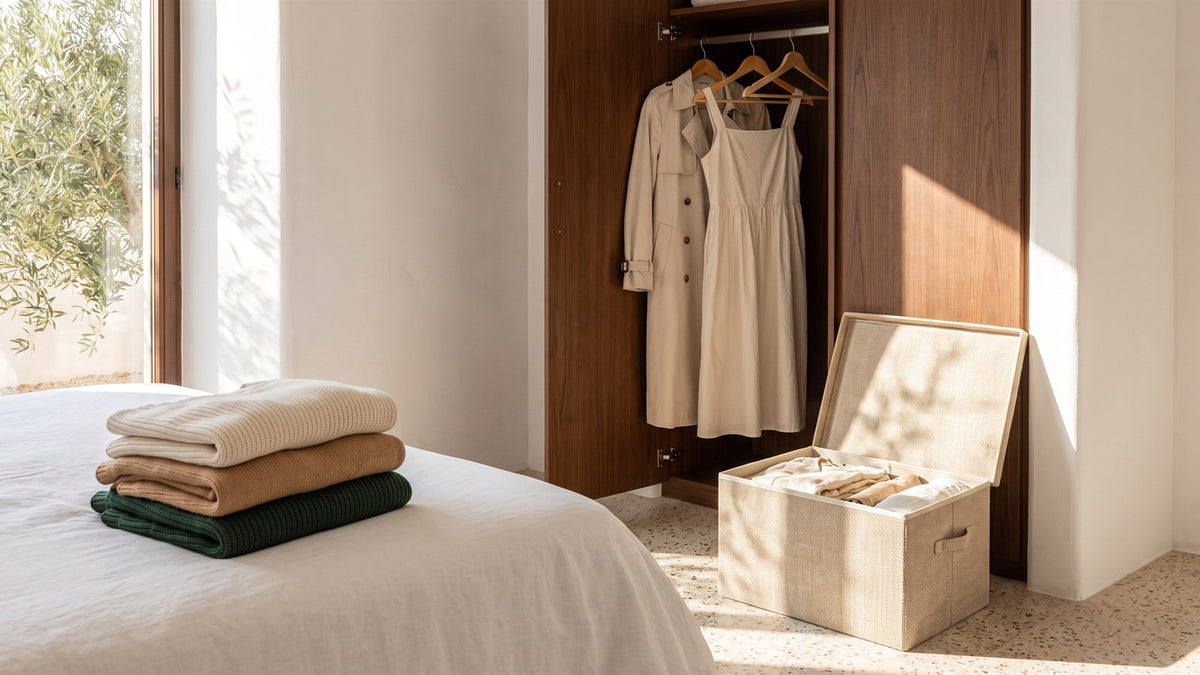 Folded knit sweaters on a bed beside an open storage box and a wardrobe of hanging clothes