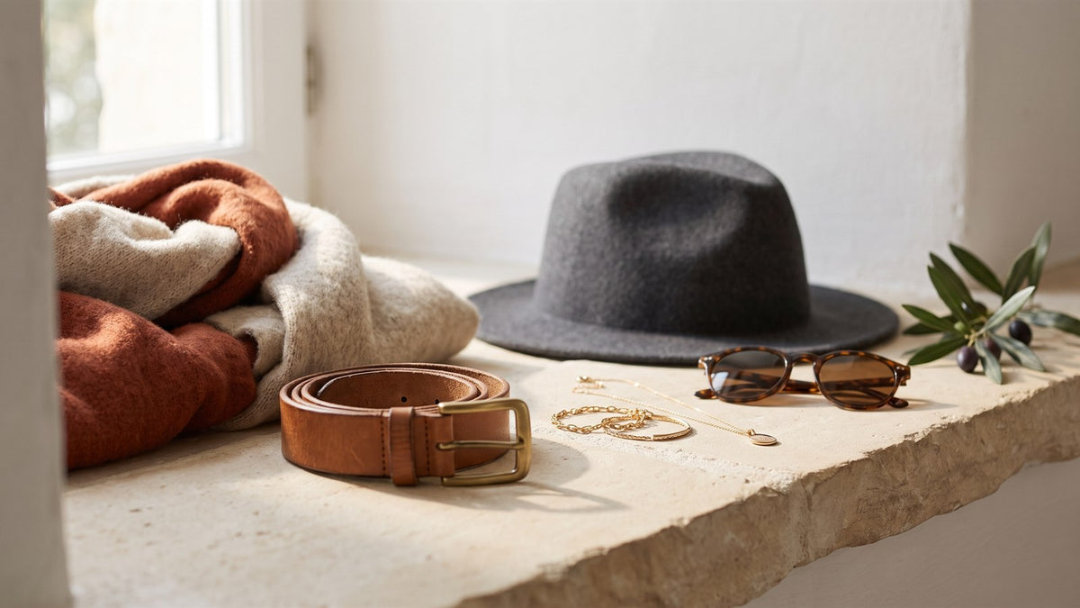 Wool scarf, tan leather belt, felt hat, gold jewellery and sunglasses on a stone ledge