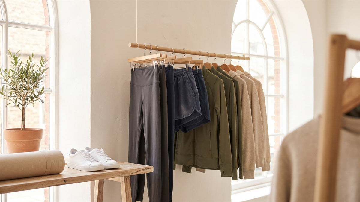 Rail of plain athletic wear, white trainers and a yoga mat in a bright shop