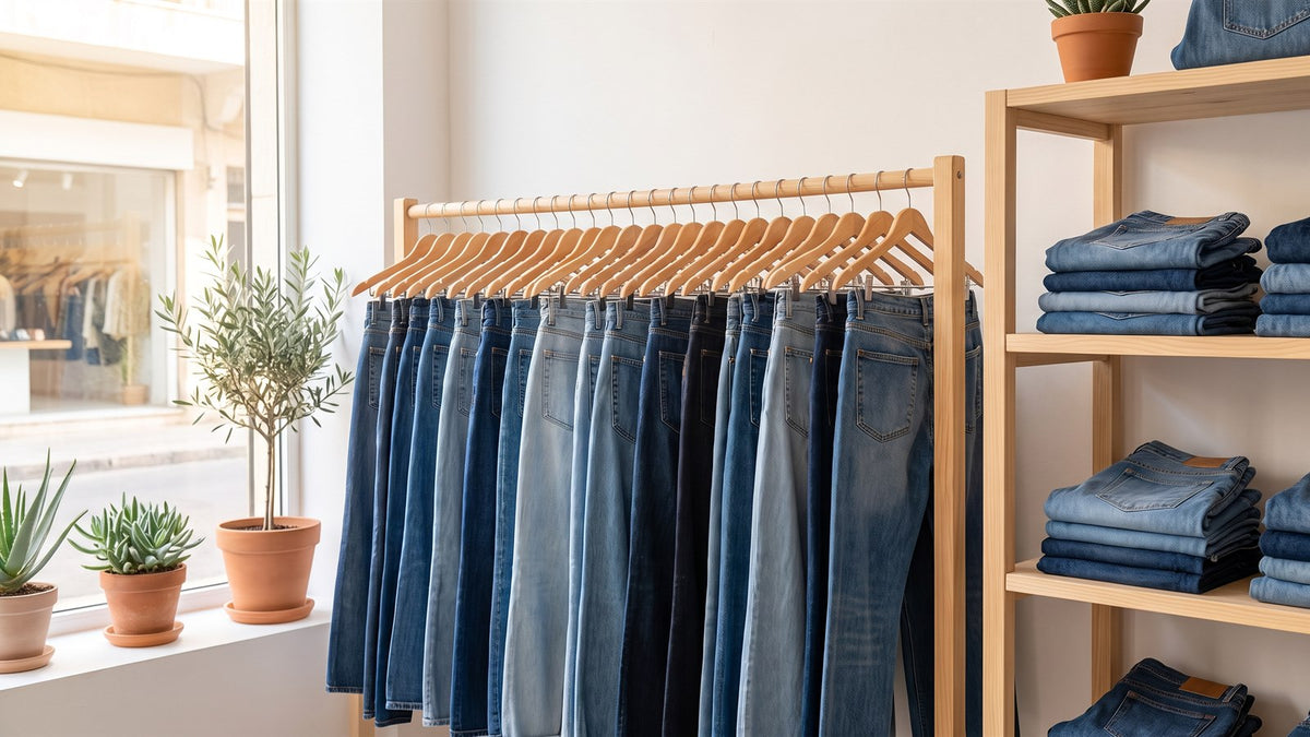 Rack of blue denim jeans and folded stacks in a bright second-hand shop