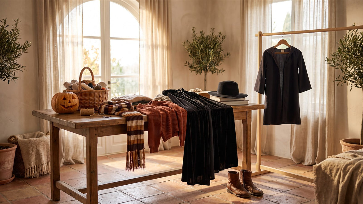 Black hat, velvet cape, striped scarf and carved pumpkin laid out on a wooden table