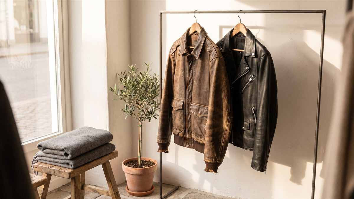 Brown and black leather jackets on a metal rail beside a small olive tree