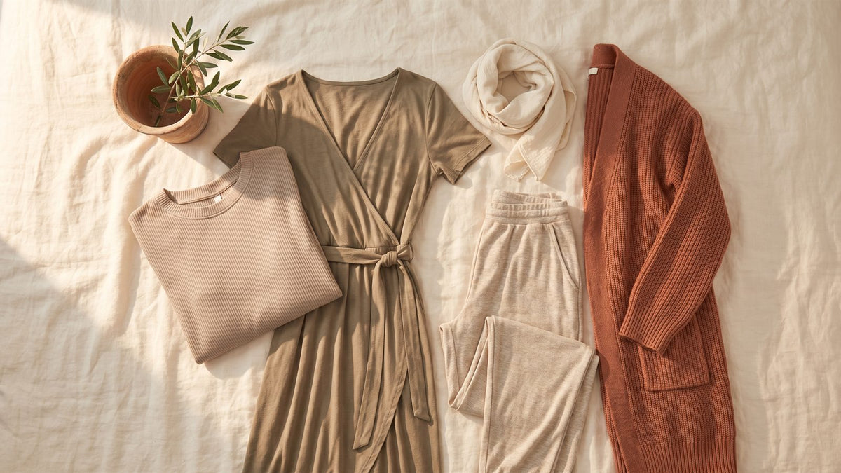 Soft neutral clothes laid out on cream linen beside a potted olive sprig in morning light