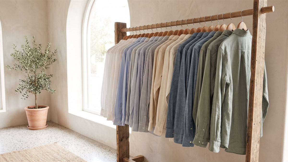 Row of white, blue, striped, chambray and sage shirts on a wooden clothing rail