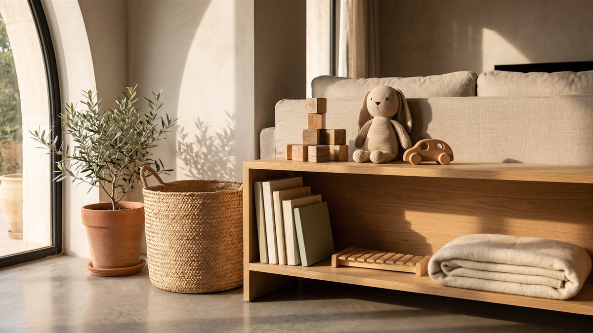 Wooden toy blocks, a knitted bunny and children's books on a sunny living room shelf
