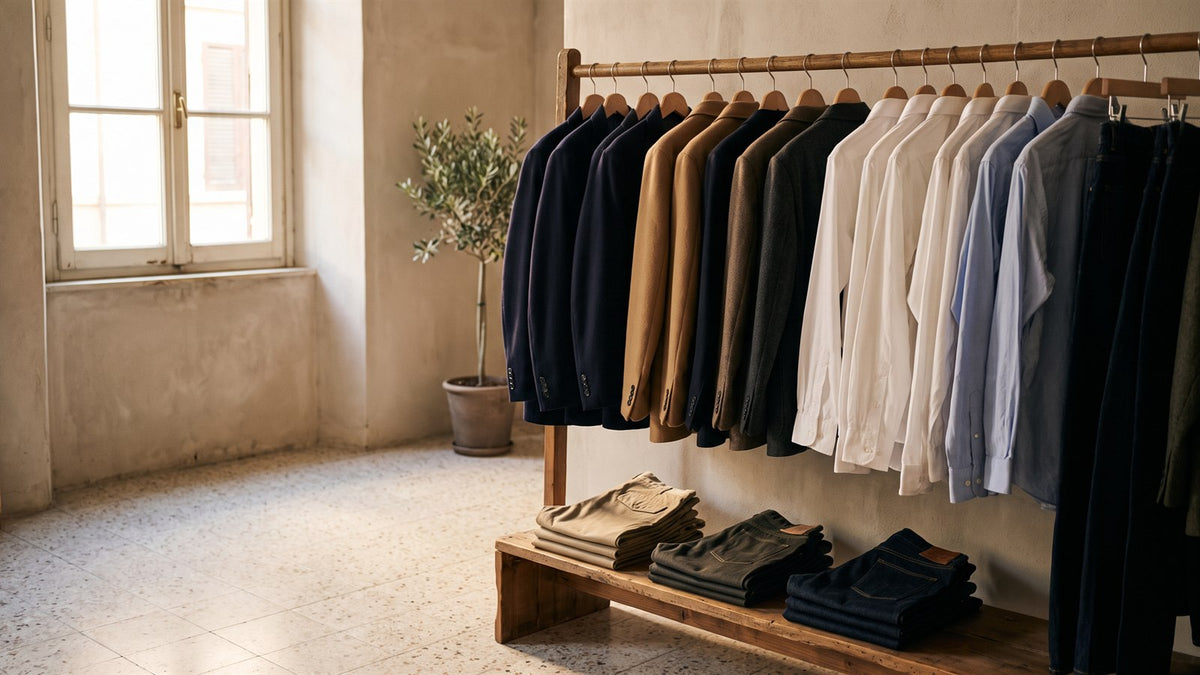 Wooden rail of blazers and shirts beside folded trousers in a sunlit boutique