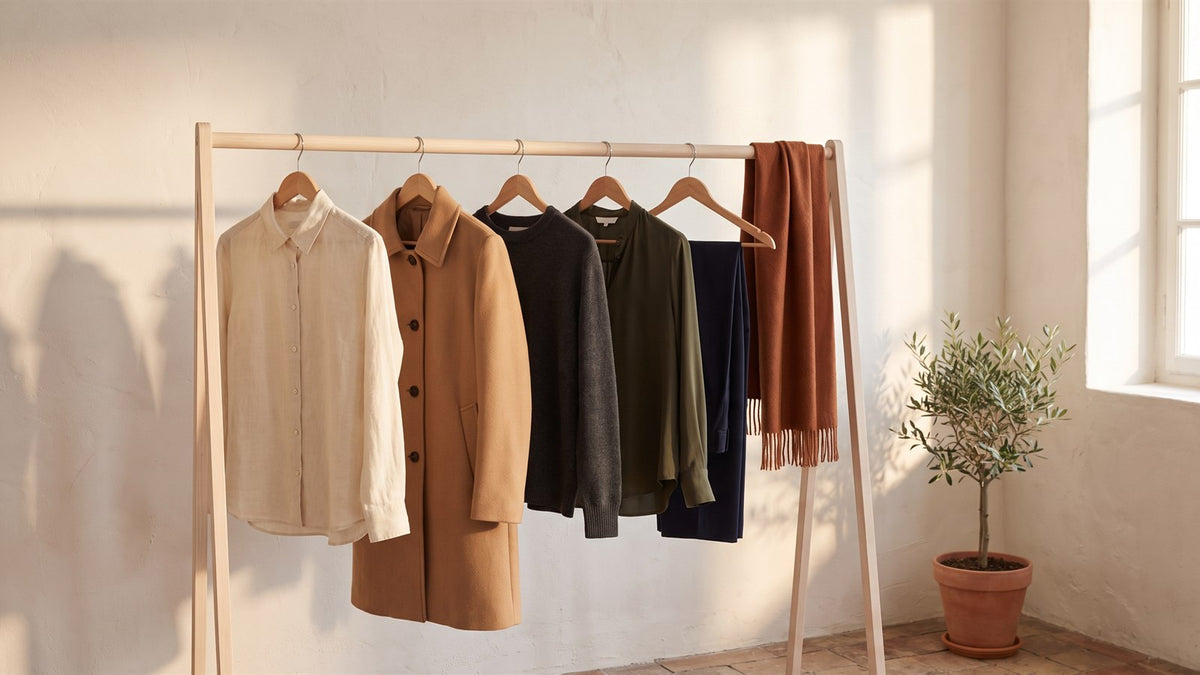 A wooden clothing rail holding five neutral garments and a scarf beside an olive plant