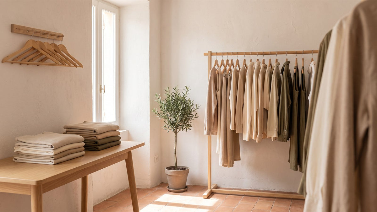 Rail of neutral clothing, folded stacks and wooden hangers in a sunlit room