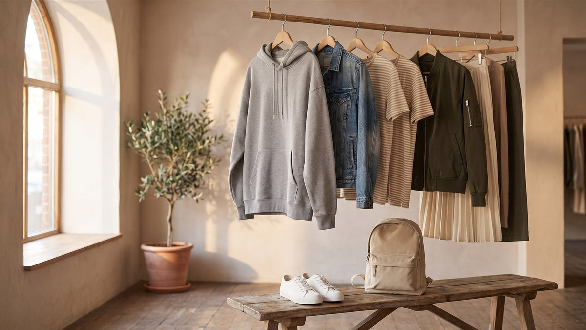 Casual hoodie, denim jacket and striped tees on a wooden rail with white sneakers