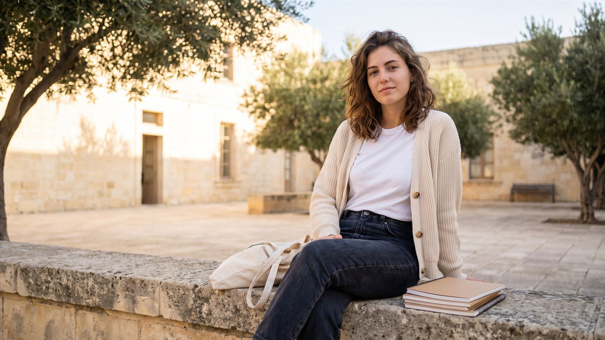A young student sits on a stone wall with notebooks and a tote bag