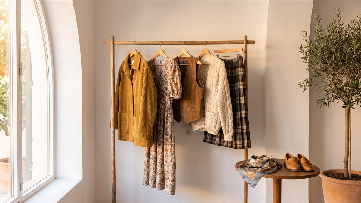 Retro corduroy jacket, floral dress, suede vest and plaid skirt hanging on a wooden rail
