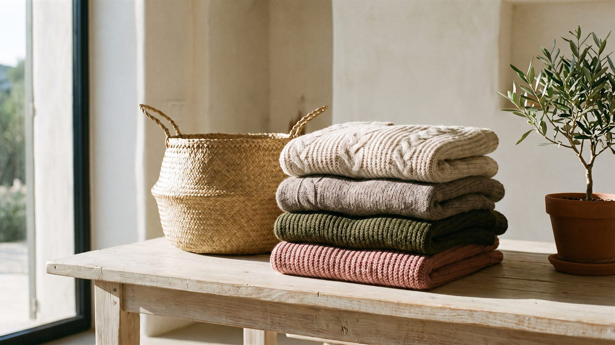 Folded knit sweaters in neutral tones stacked on a wooden table beside a basket