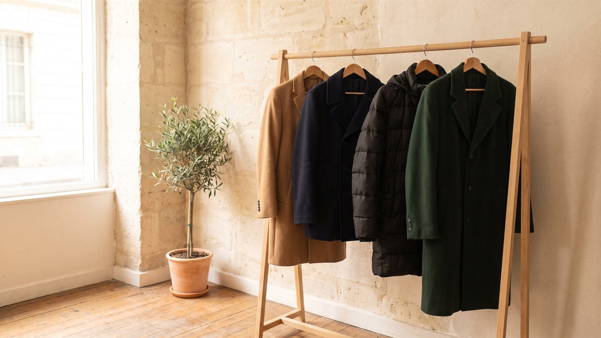 Camel wool coat, navy peacoat, black puffer and green overcoat on a wooden rail