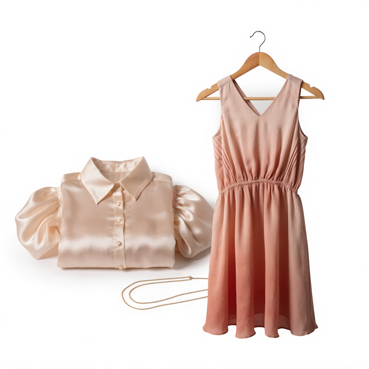 A folded silk blouse, a blush midi dress on a wooden hanger and a fine gold chain on white