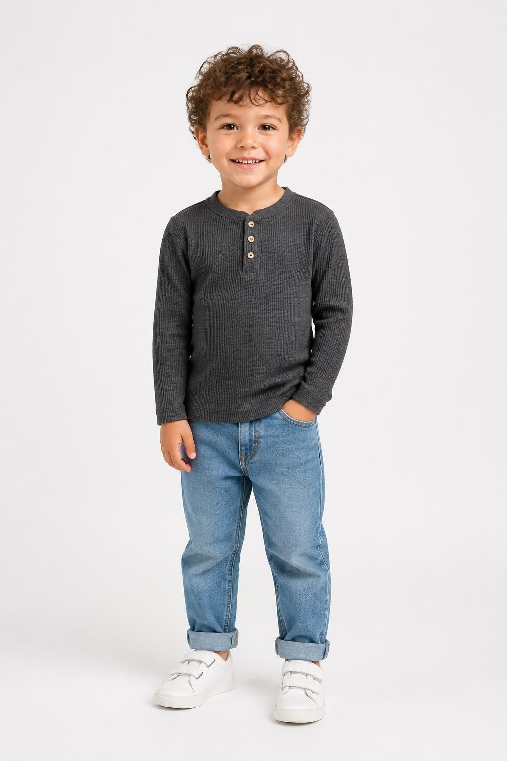 Grey Henley Long Sleeve Top - at Why Go Less, Lebanon