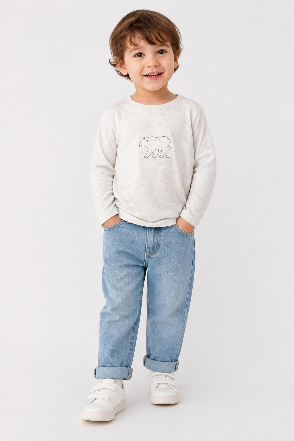 Bear Print Grey Long Sleeve T-shirt Boys - at Why Go Less, Lebanon