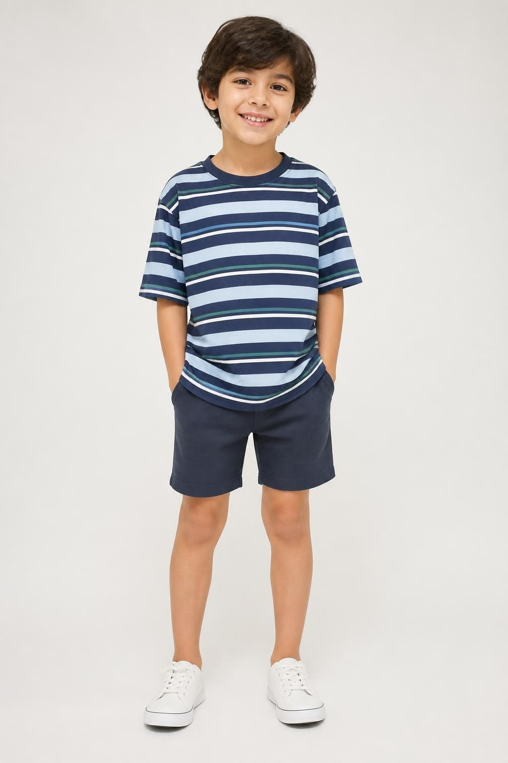 Striped Navy Blue Crew Neck Tee - at Why Go Less, Lebanon