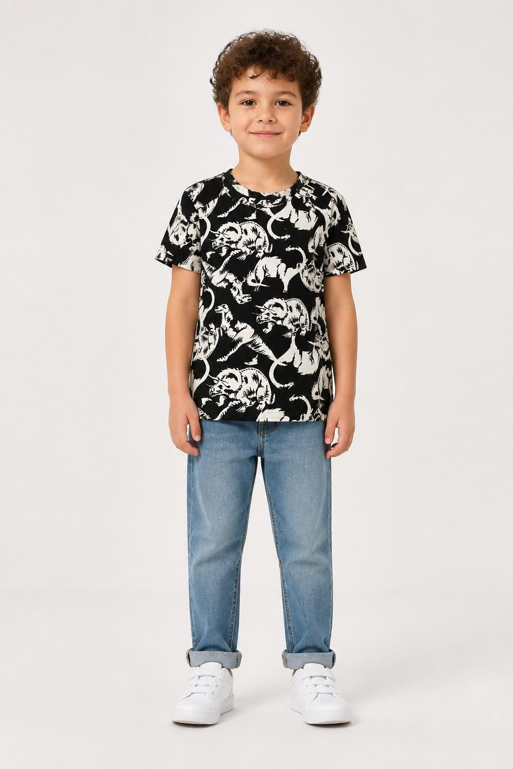 Boys Black-and-white T-shirt Features a Bold, All-over Graphic Print of Dinosaurs - at Why Go Less, Lebanon