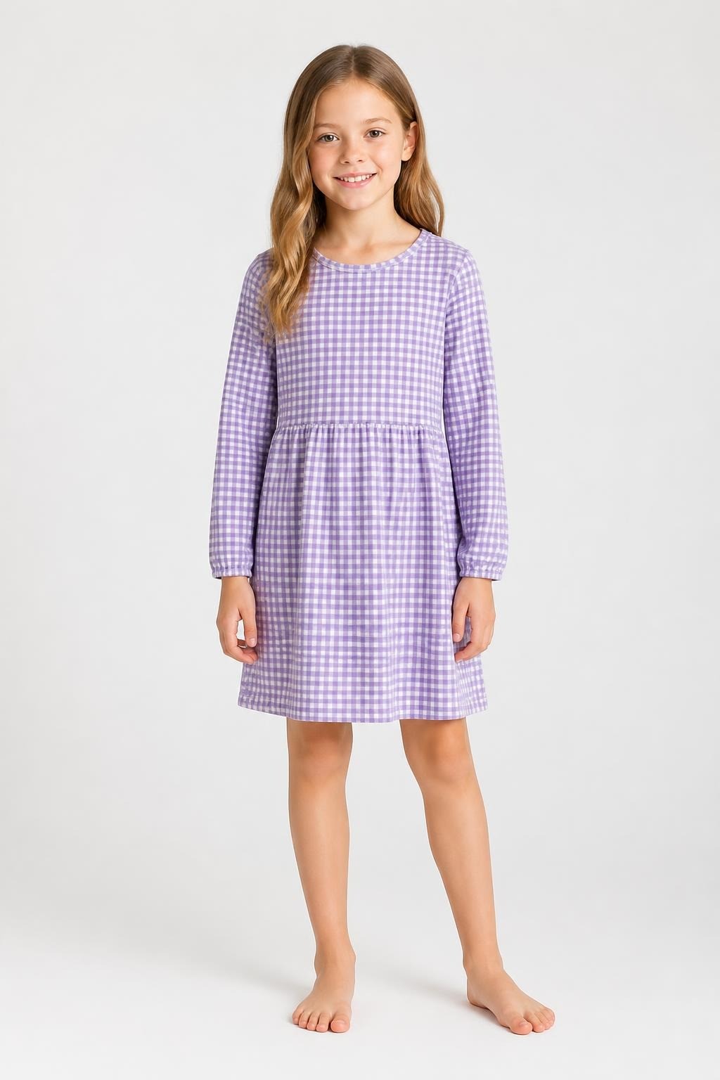 Kids Gingham Long Sleeve Dress Purple - at Why Go Less, Lebanon