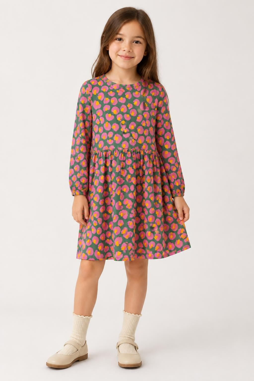 Kids Green Pink Leopard Print Long Sleeve Dress Sz5 - at Why Go Less, Lebanon