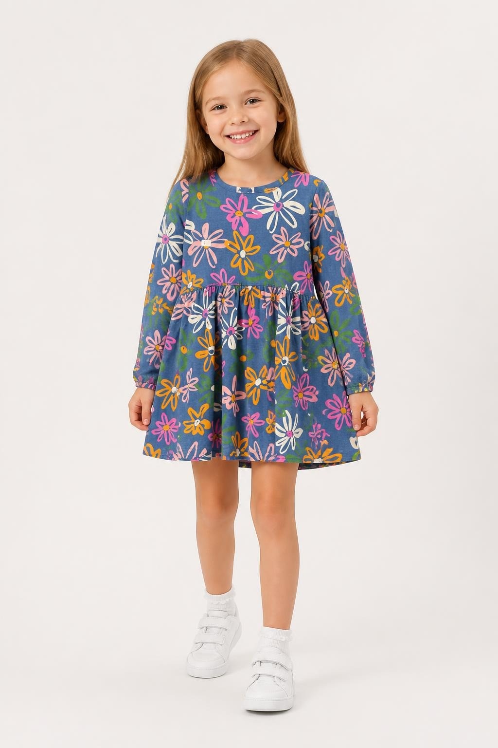 Kids Blue Floral Long Sleeve Dress - at Why Go Less, Lebanon
