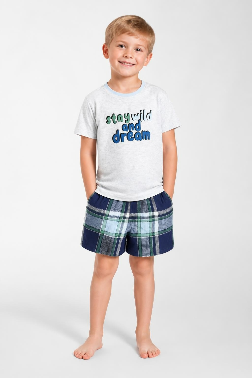 Boys Graphic Tee and Blue Plaid Shorts - at Why Go Less, Lebanon