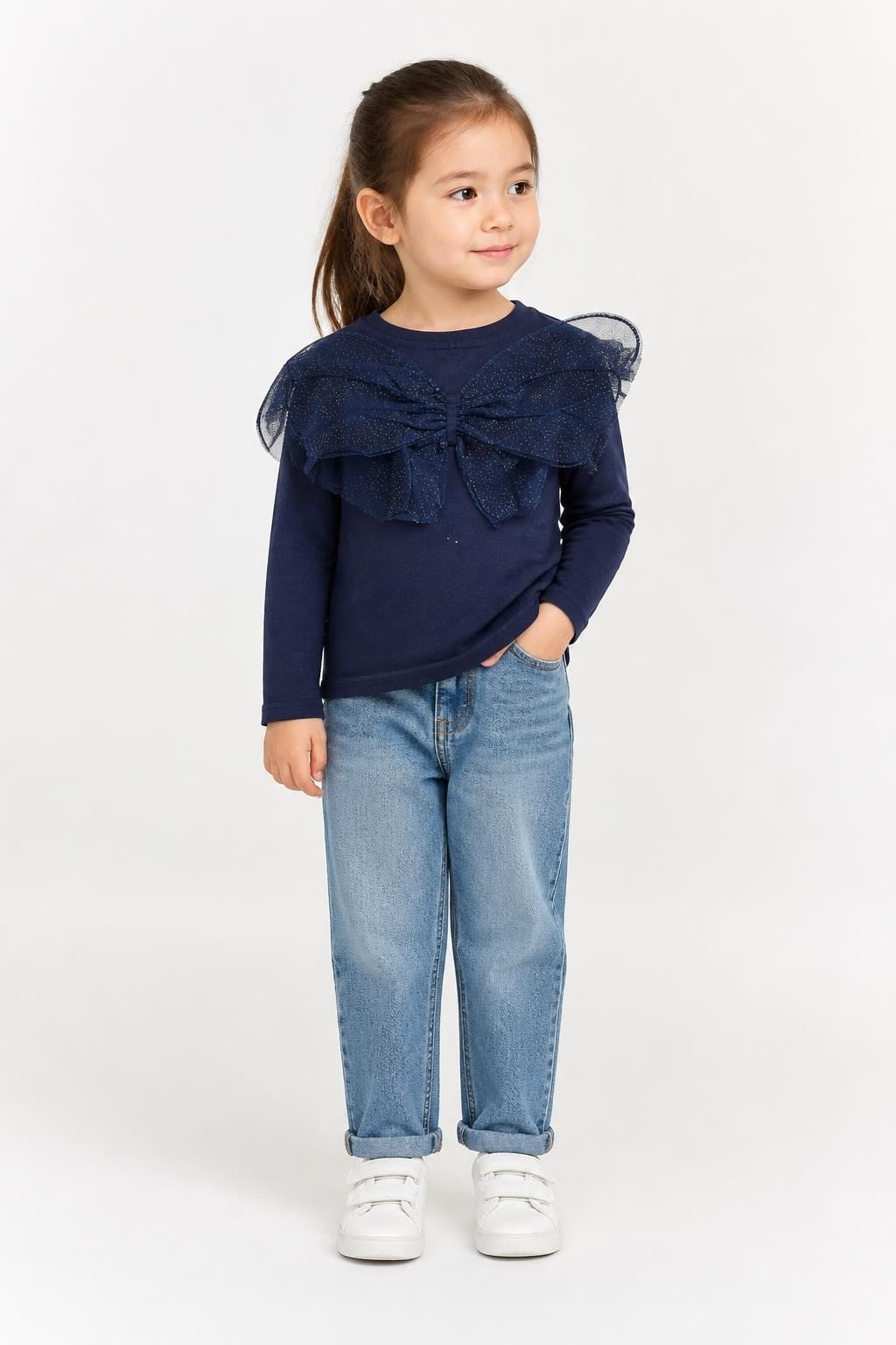 Dark Blue Children's Long-sleeve Top Features a Sparkling Tulle Butterfly Wing - at Why Go Less, Lebanon