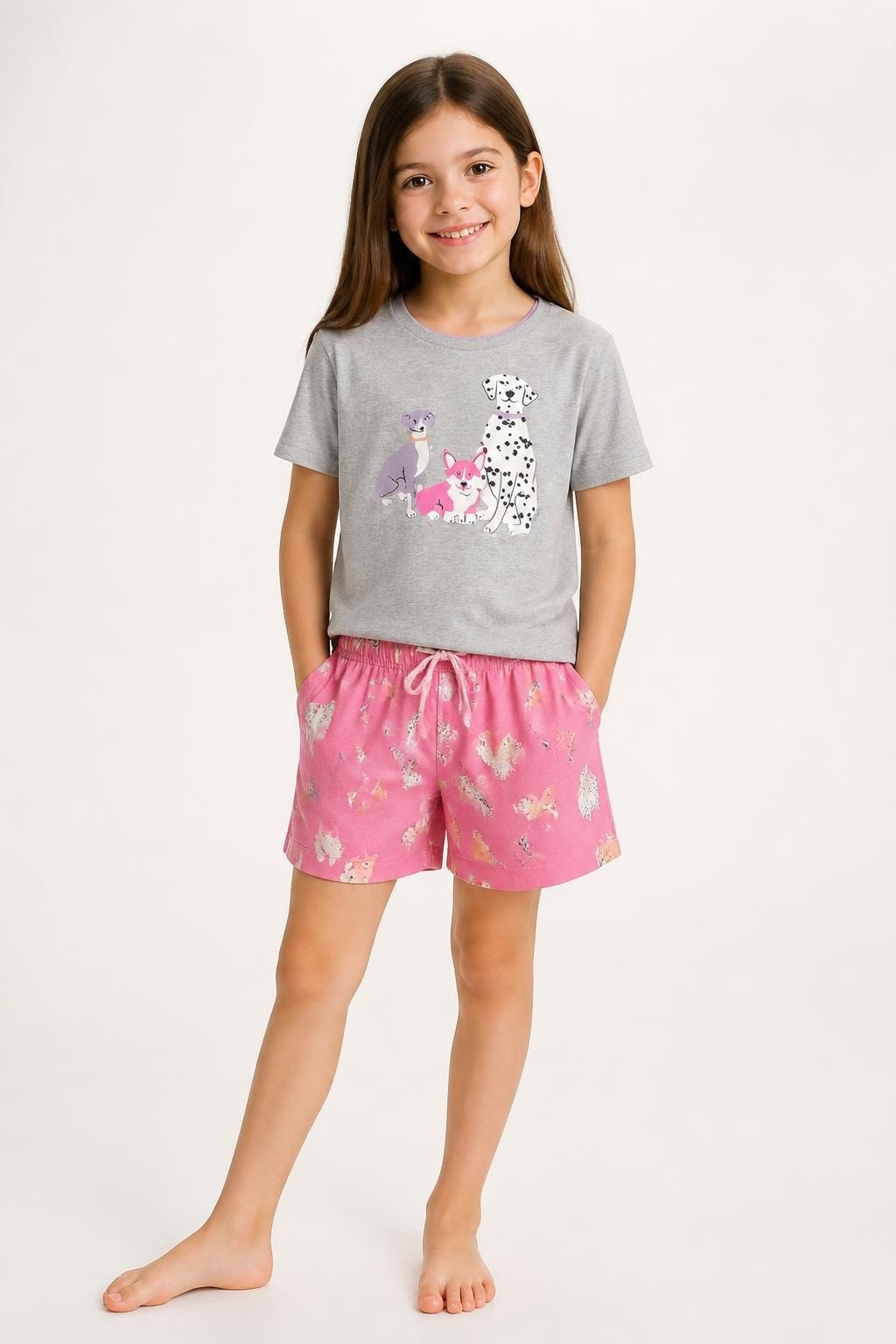 Dog Print PJ Set Gray Tee Pink Shorts Kids - at Why Go Less, Lebanon