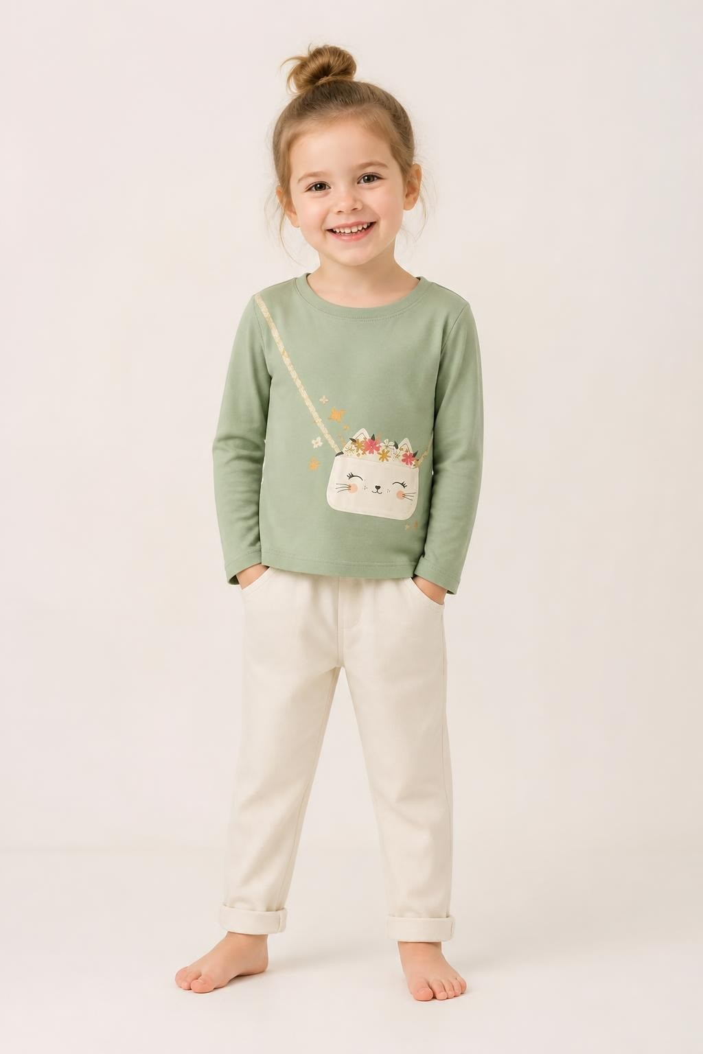 Kitty Printed Green T-shirt for Girls - at Why Go Less, Lebanon