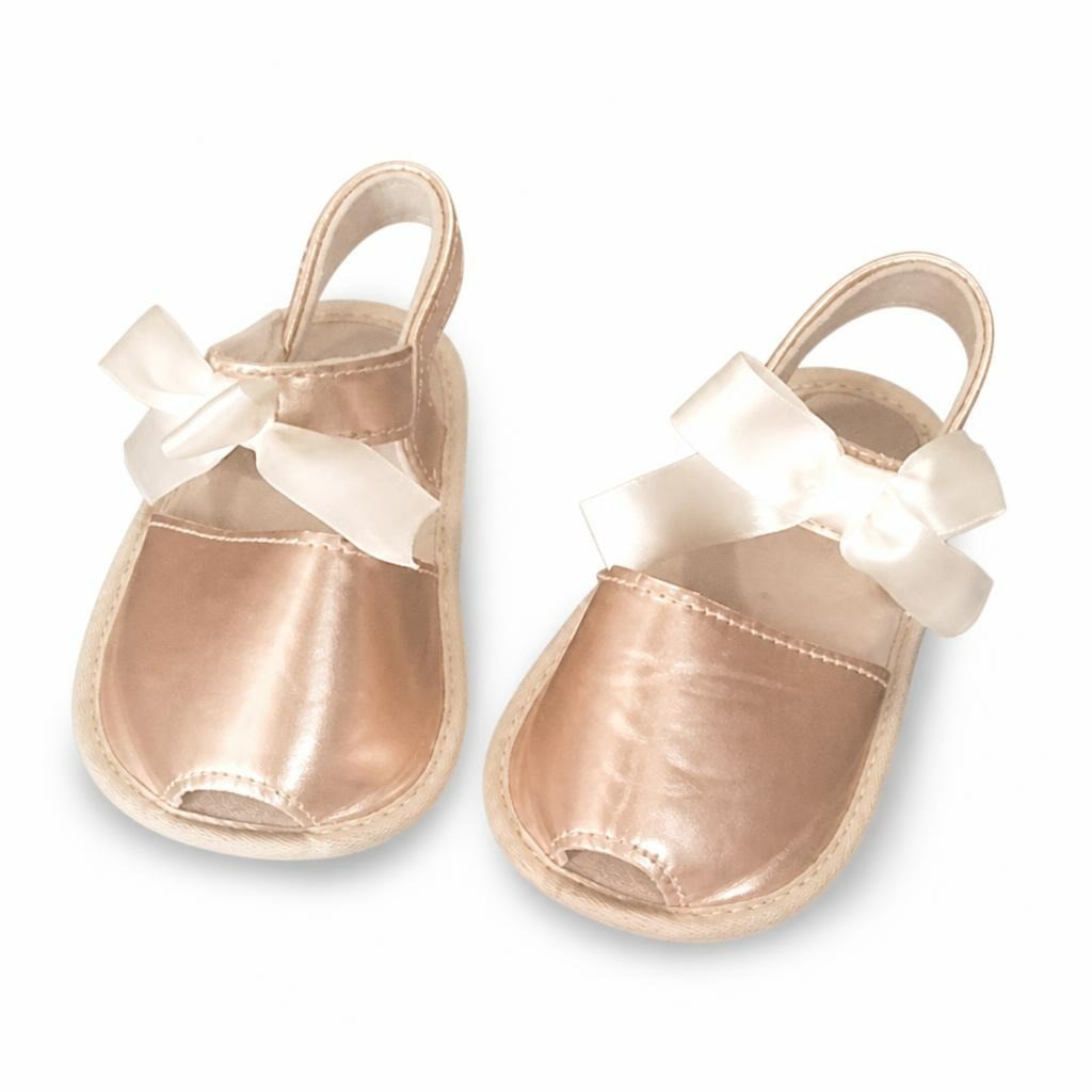 Baby Girl Rose Gold Satin Bow Sandals - pre-loved at Why Go Less, Lebanon