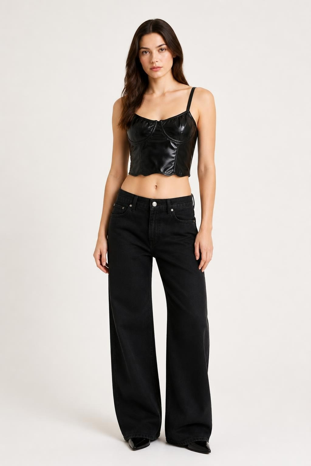 Black Faux Leather Bustier Crop Top X2 - pre-loved at Why Go Less, Lebanon