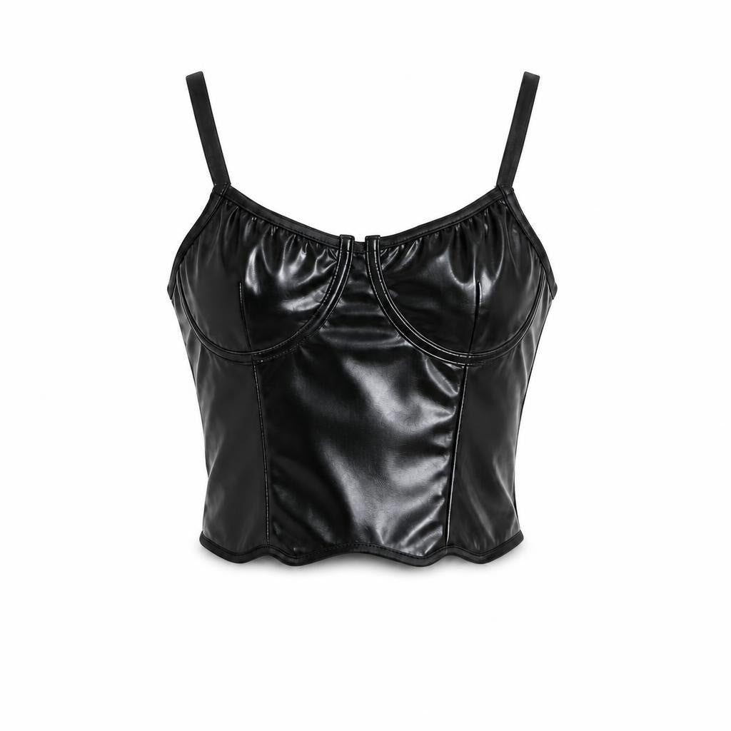 Black Faux Leather Bustier Crop Top X2 - pre-loved at Why Go Less, Lebanon