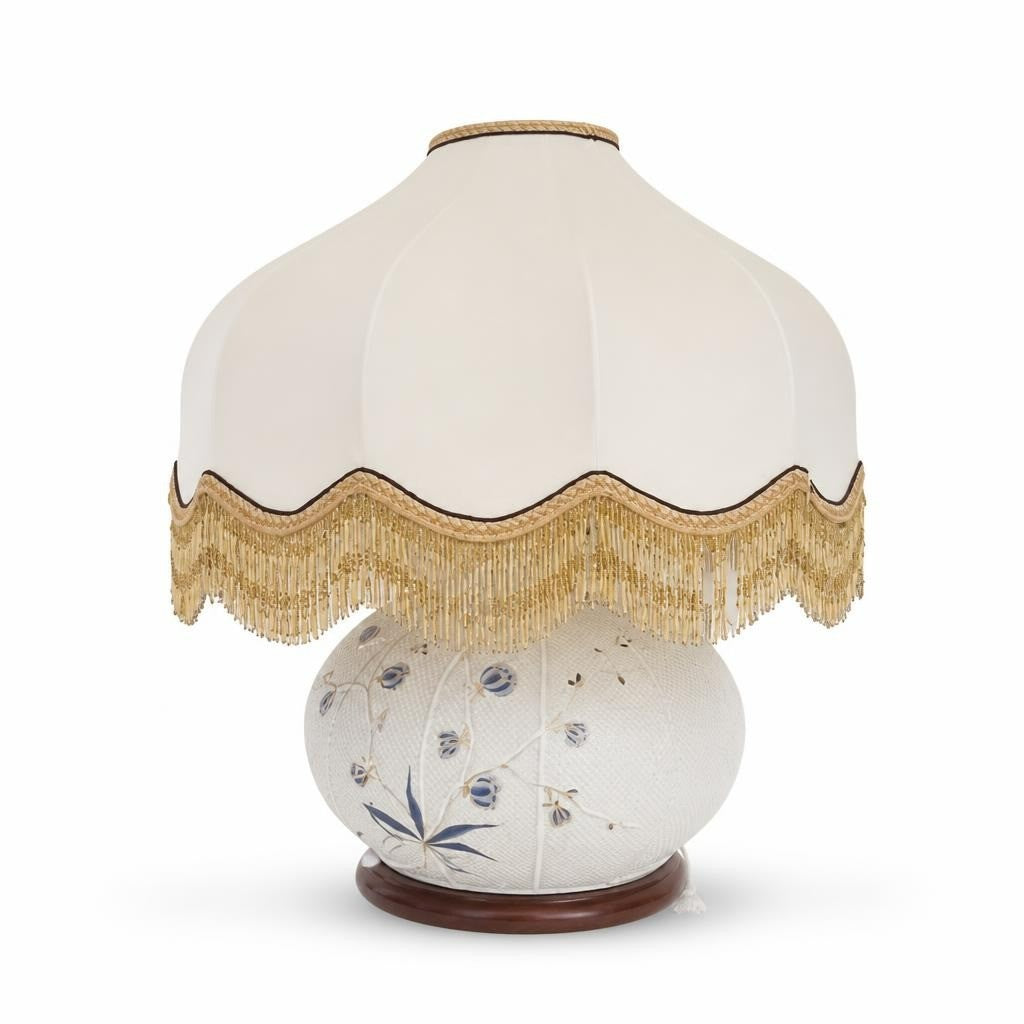 Vintage White Blue Floral Ceramic Lamp Fringe Shade - pre-loved at Why Go Less, Lebanon