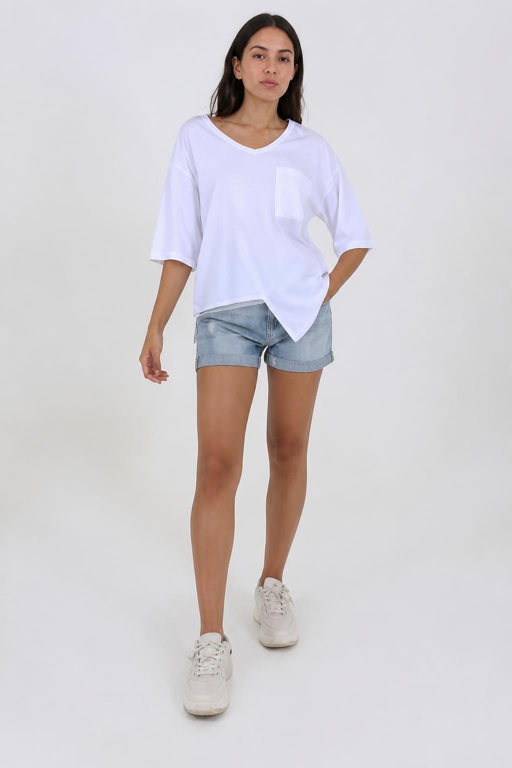 White Oversized V-neck Tee with Chest Pocket - at Why Go Less, Lebanon