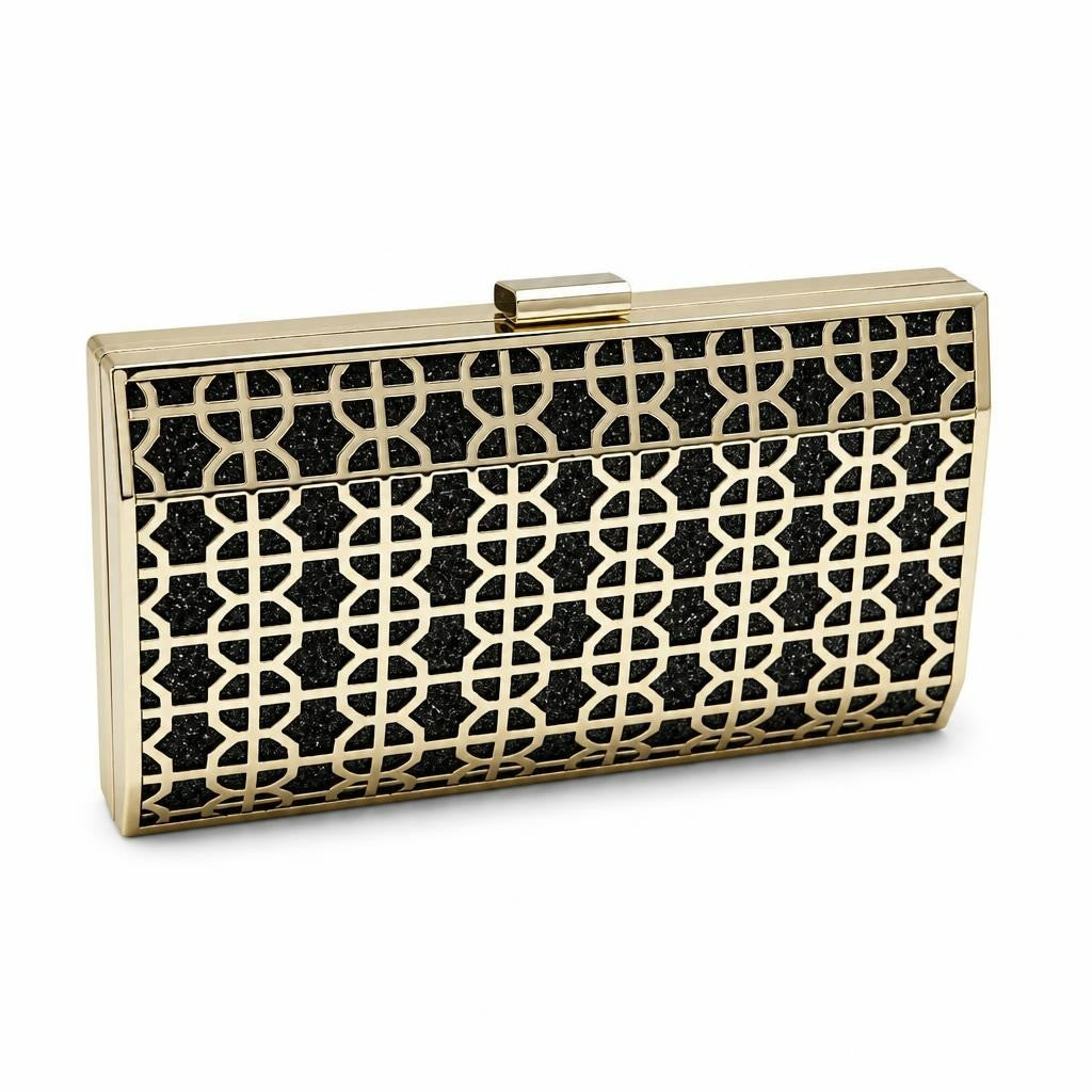 Gold & Black Geometric Glitter Clutch Bag | Pre-Loved | Why Go Less