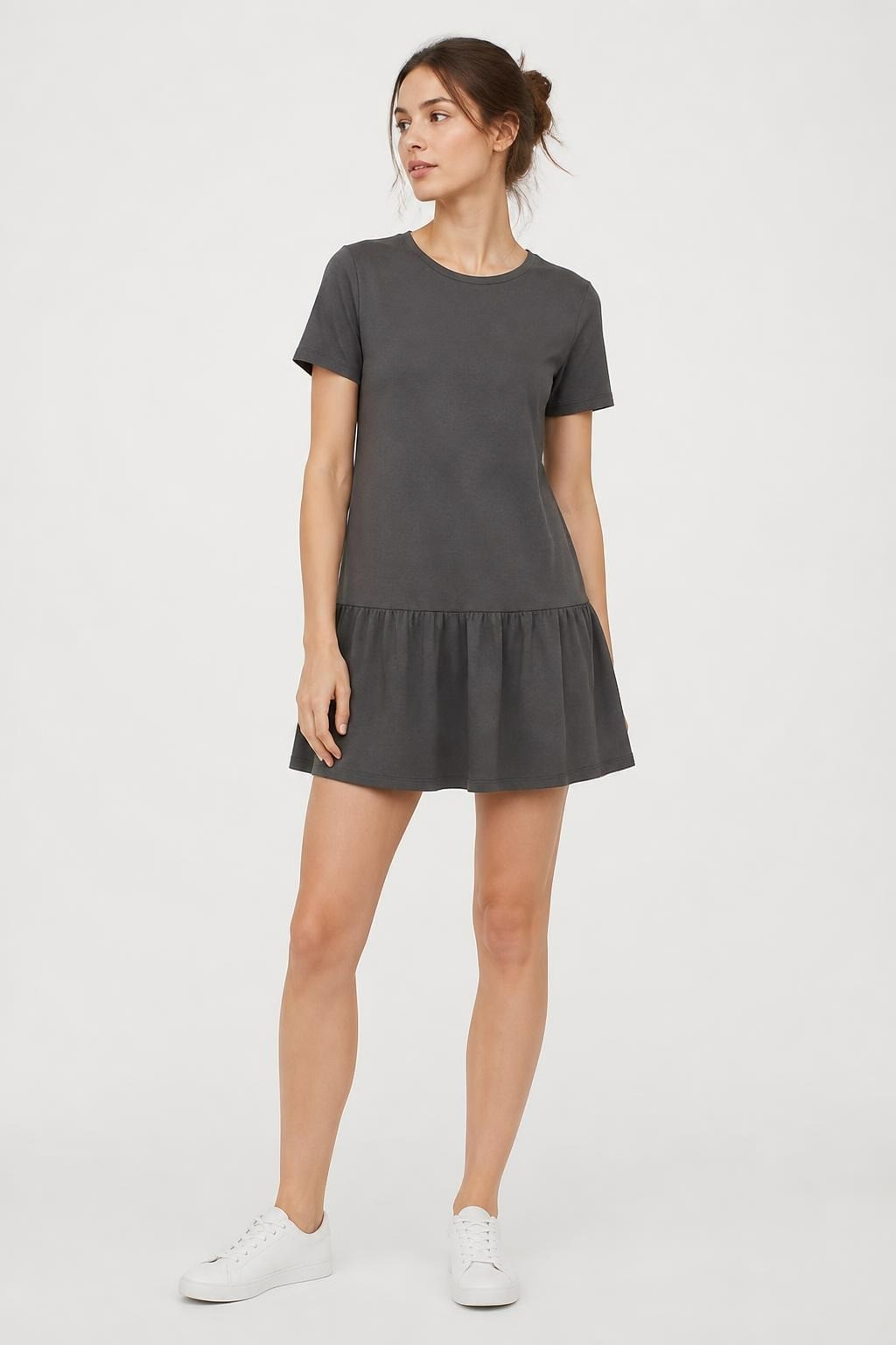 Dark Grey Drop-waist Ruffle Hem Short-sleeve Dress | Pre-Loved | Why Go Less