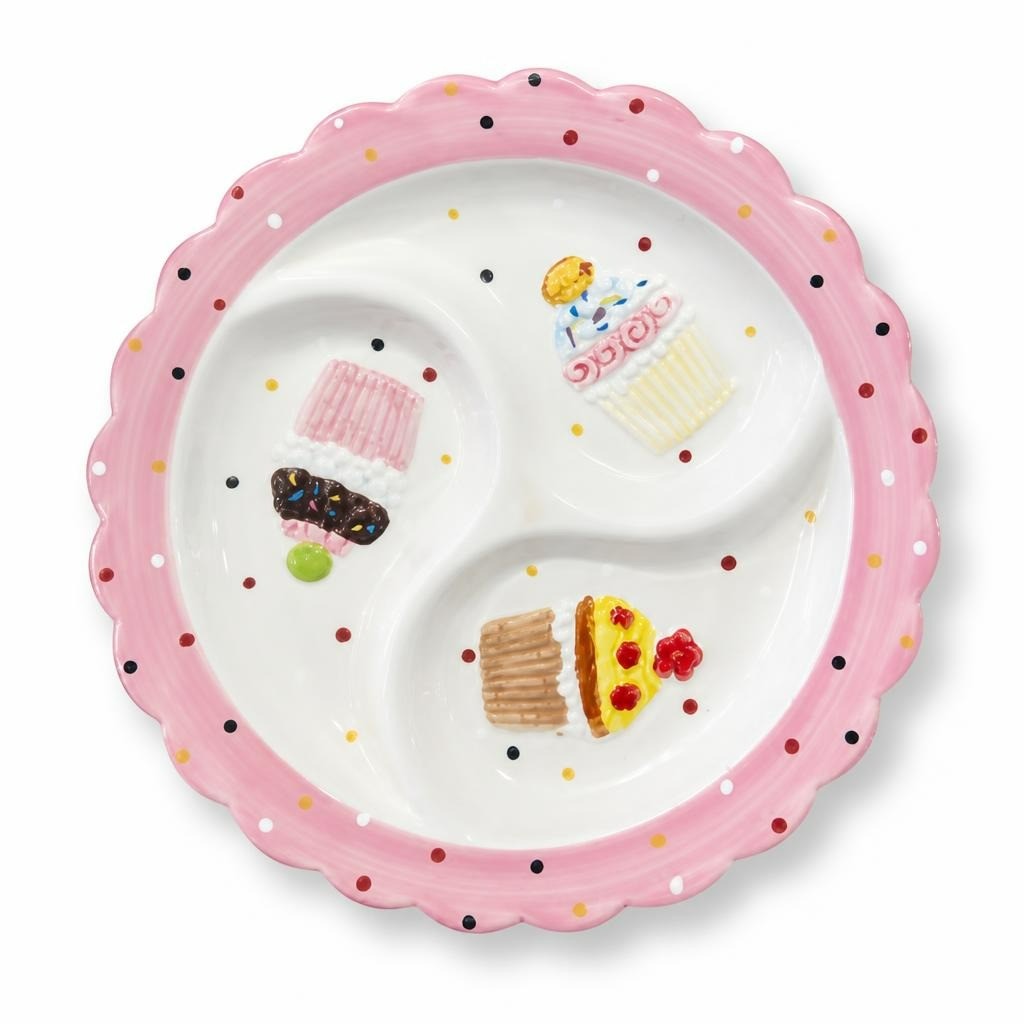 Assiette à cupcake divisée pour enfants, en céramique à pois roses | Seconde main | Pourquoi se contenter de moins