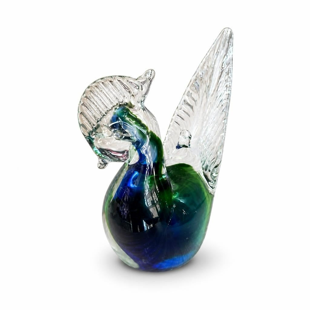 Art Glass Peacock Figurine, Blue Green Clear | Pre-Loved | Why Go Less