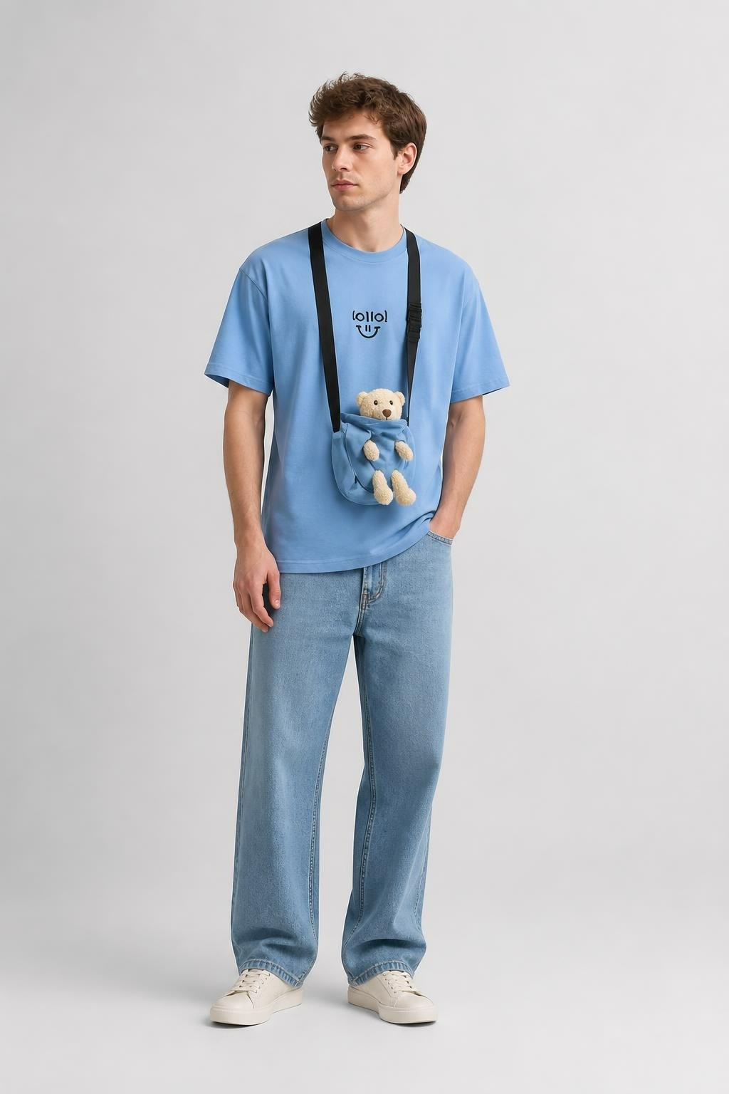 Blue Oversized Tee With Teddy Bear Bag - on model shot, second-hand at Why Go Less, Dekwaneh, Lebanon